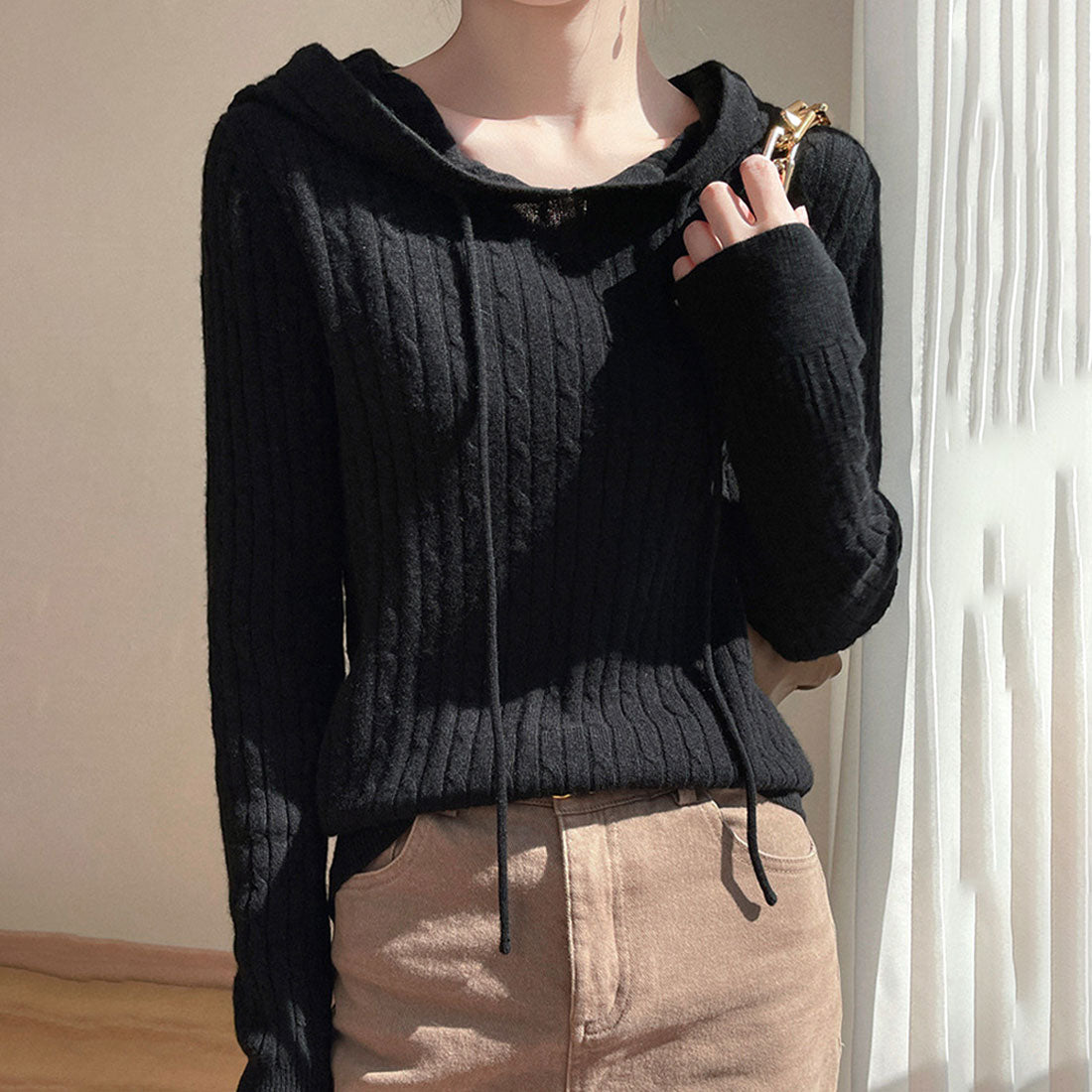 Amulet Hooded Cable Knit Sweater for Women, Teens, 20s, 30s, Korean Fashion, Autumn, Winter, Casual, Cute, Tops, Simple, Plain