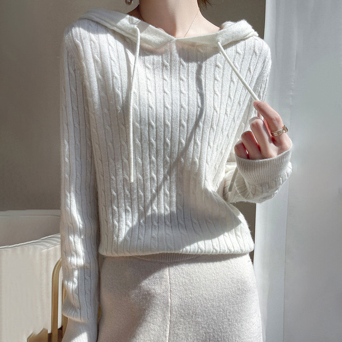 Amulet Hooded Cable Knit Sweater for Women, Teens, 20s, 30s, Korean Fashion, Autumn, Winter, Casual, Cute, Tops, Simple, Plain