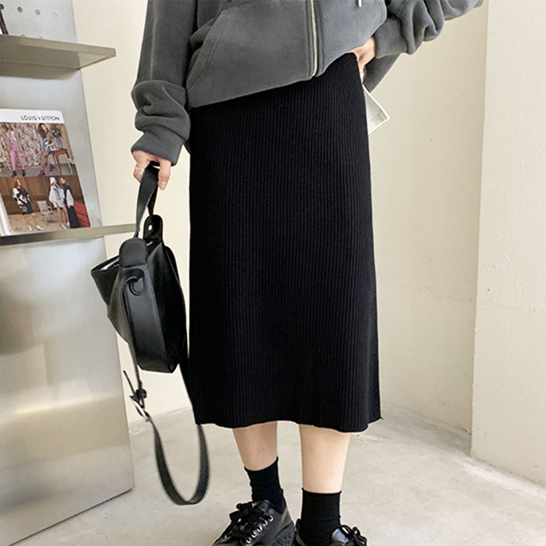 アミュレット Amulet ロングスリットニットスカート レディース 10代 20代 30代 韓国ファッション 春 秋 冬 カジュアル 可愛い ボトムス 無地 リブ デート