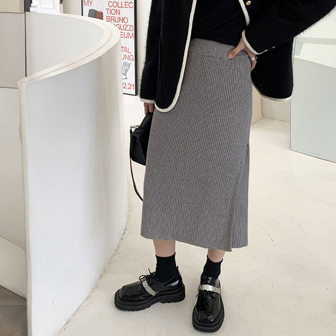 アミュレット Amulet ロングスリットニットスカート レディース 10代 20代 30代 韓国ファッション 春 秋 冬 カジュアル 可愛い ボトムス 無地 リブ デート