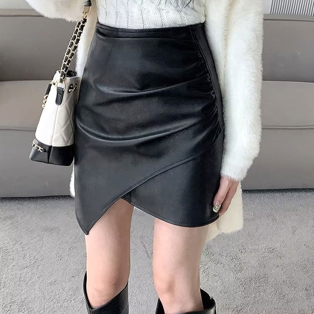 Amulet Fake Leather Mini Skirt for Women Teens 20s 30s Korean Fashion Amulet Fake Leather Mini Skirt for Women Teens 20s 30s Korean Fashion