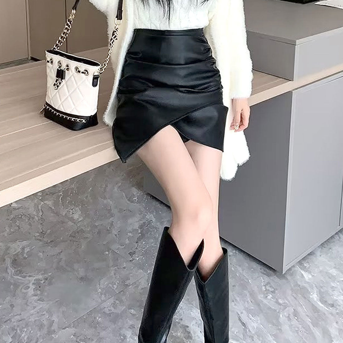 Amulet Fake Leather Mini Skirt for Women Teens 20s 30s Korean Fashion
