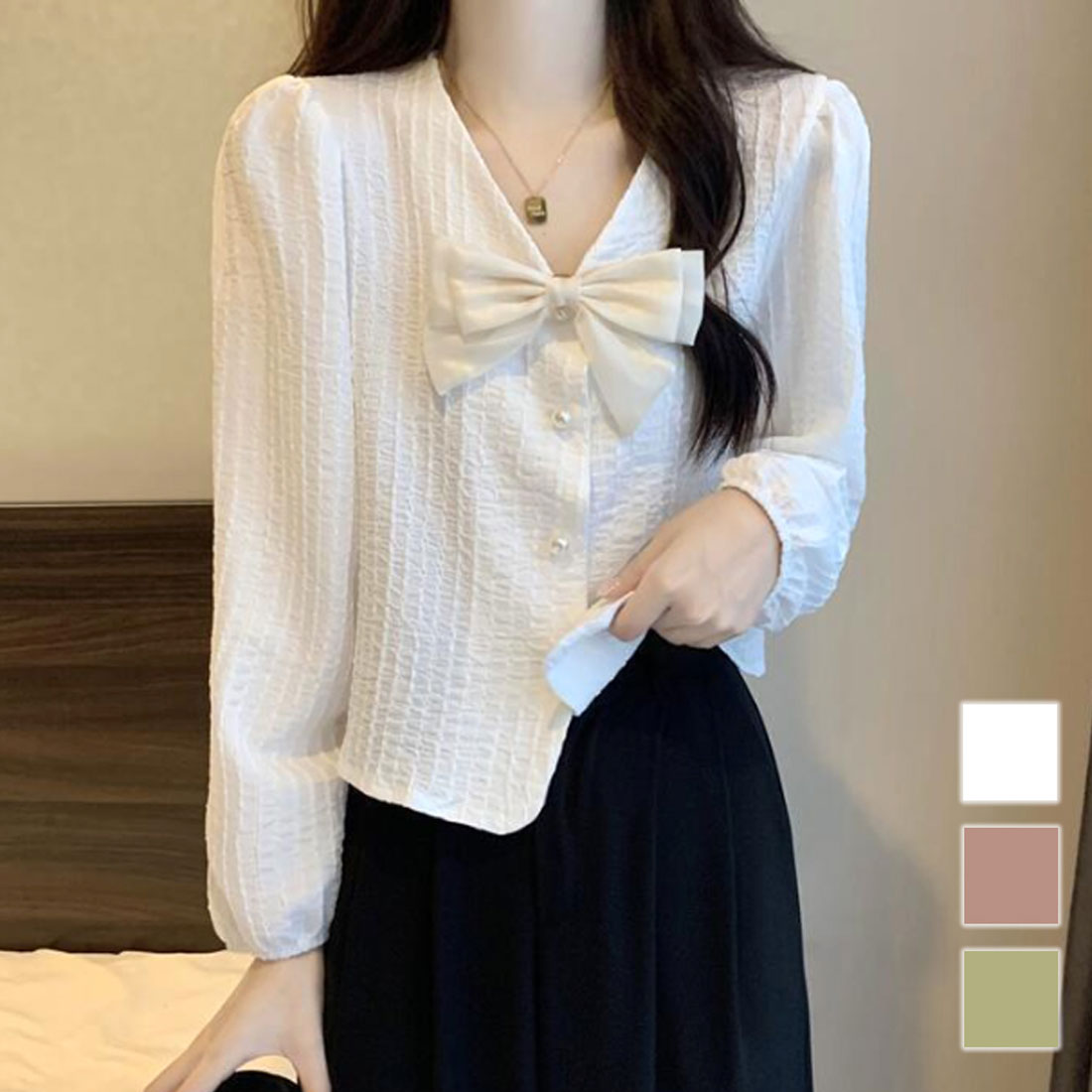 Amulet Ribbon Blouse Women's 10s 20s 30s Korean Fashion Casual Shirt Tops V-Neck Cute Long Sleeve Stylish Girly Spring