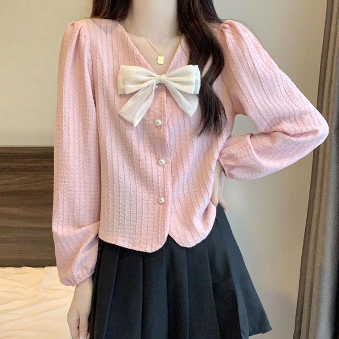 Amulet Ribbon Blouse Women's 10s 20s 30s Korean Fashion Casual Shirt Tops V-Neck Cute Long Sleeve Stylish Girly Spring