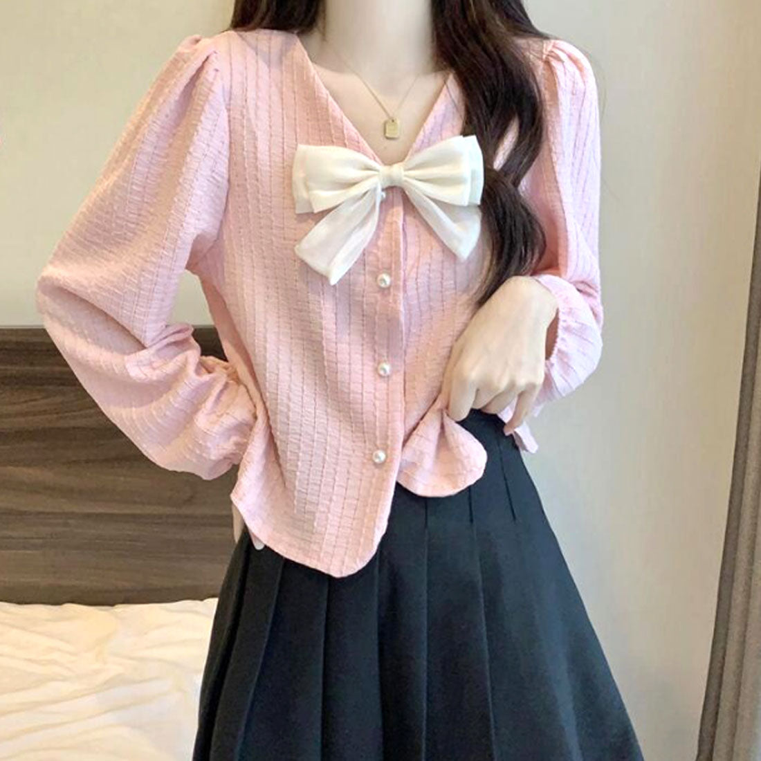 Amulet Ribbon Blouse Women's 10s 20s 30s Korean Fashion Casual Shirt Tops V-Neck Cute Long Sleeve Stylish Girly Spring