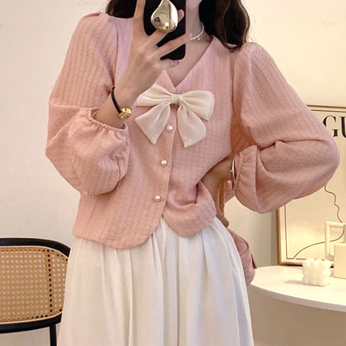 Amulet Ribbon Blouse Women's 10s 20s 30s Korean Fashion Casual Shirt Tops V-Neck Cute Long Sleeve Stylish Girly Spring