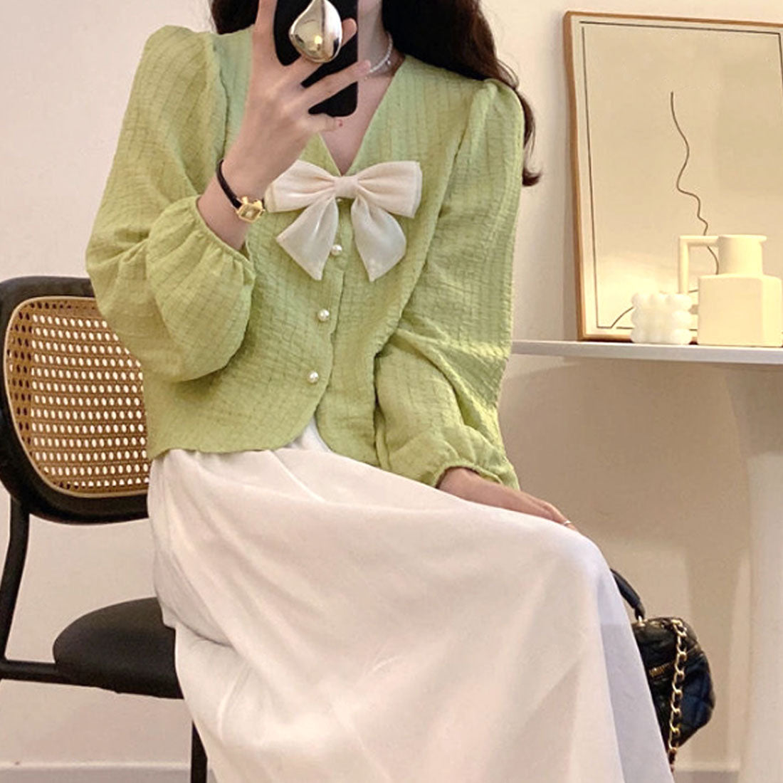 Amulet Ribbon Blouse Women's 10s 20s 30s Korean Fashion Casual Shirt Tops V-Neck Cute Long Sleeve Stylish Girly Spring