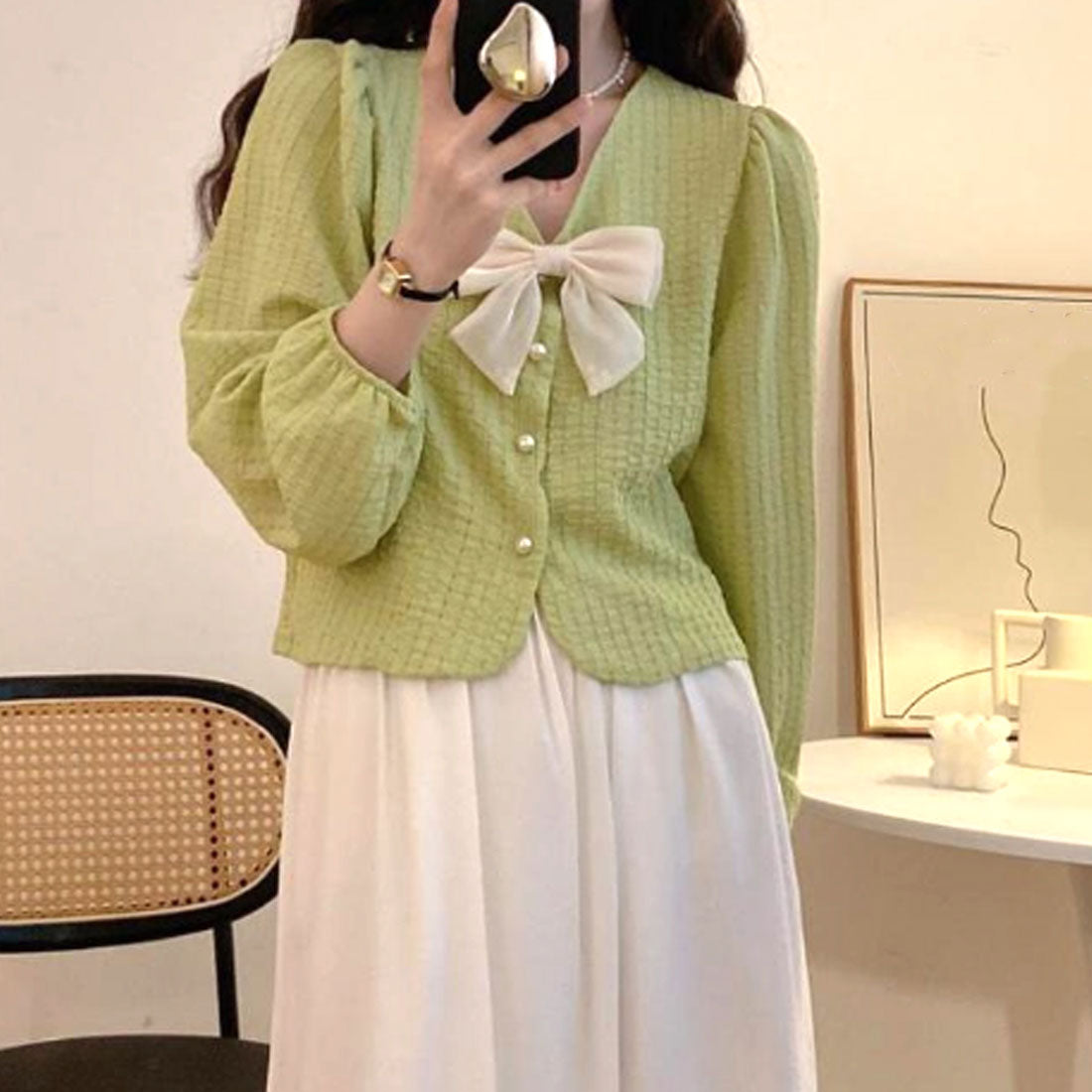 Amulet Ribbon Blouse Women's 10s 20s 30s Korean Fashion Casual Shirt Tops V-Neck Cute Long Sleeve Stylish Girly Spring