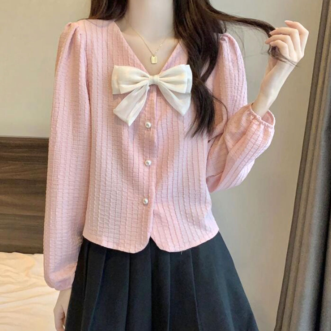 Amulet Ribbon Blouse Women's 10s 20s 30s Korean Fashion Casual Shirt Tops V-Neck Cute Long Sleeve Stylish Girly Spring