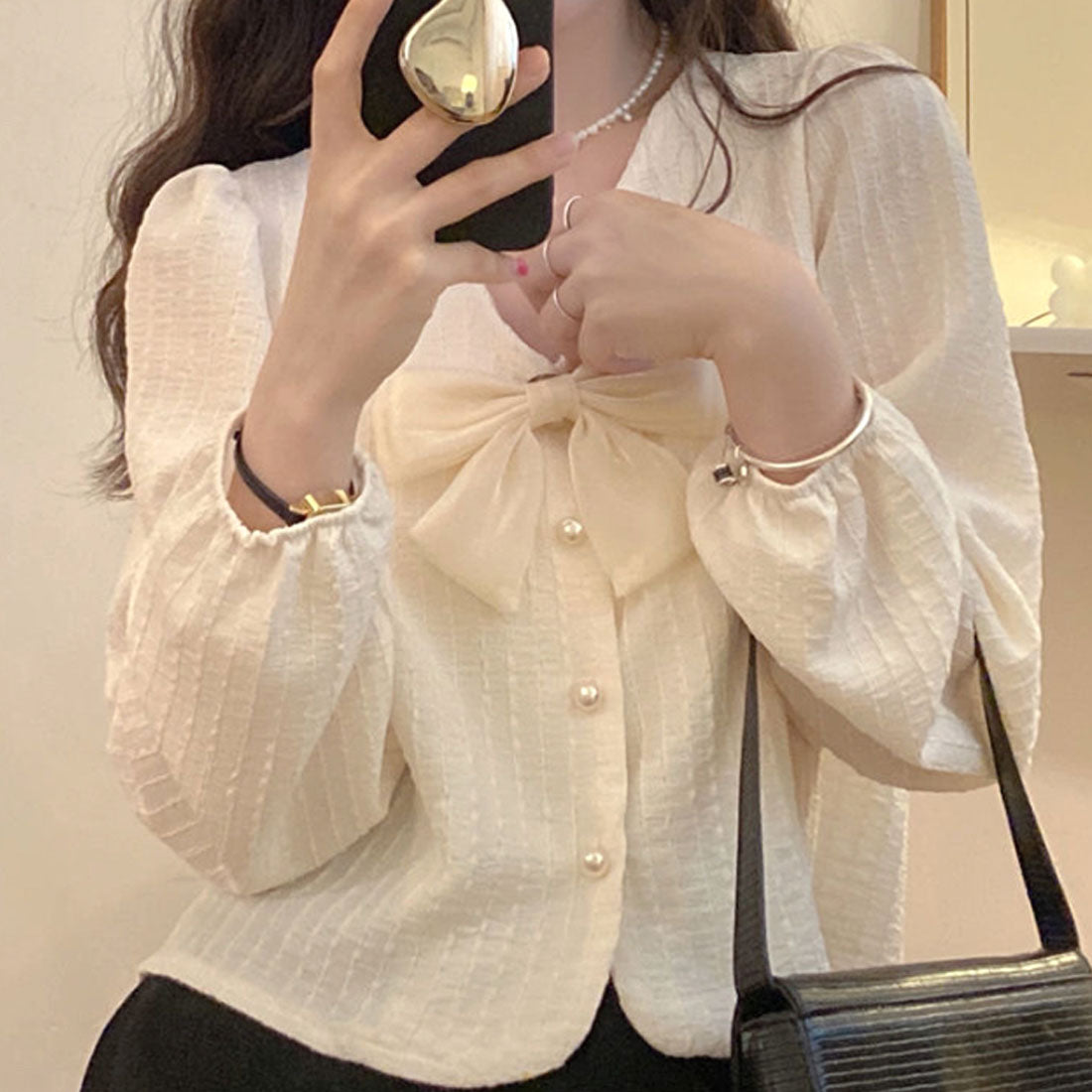 Amulet Ribbon Blouse Women's 10s 20s 30s Korean Fashion Casual Shirt Tops V-Neck Cute Long Sleeve Stylish Girly Spring