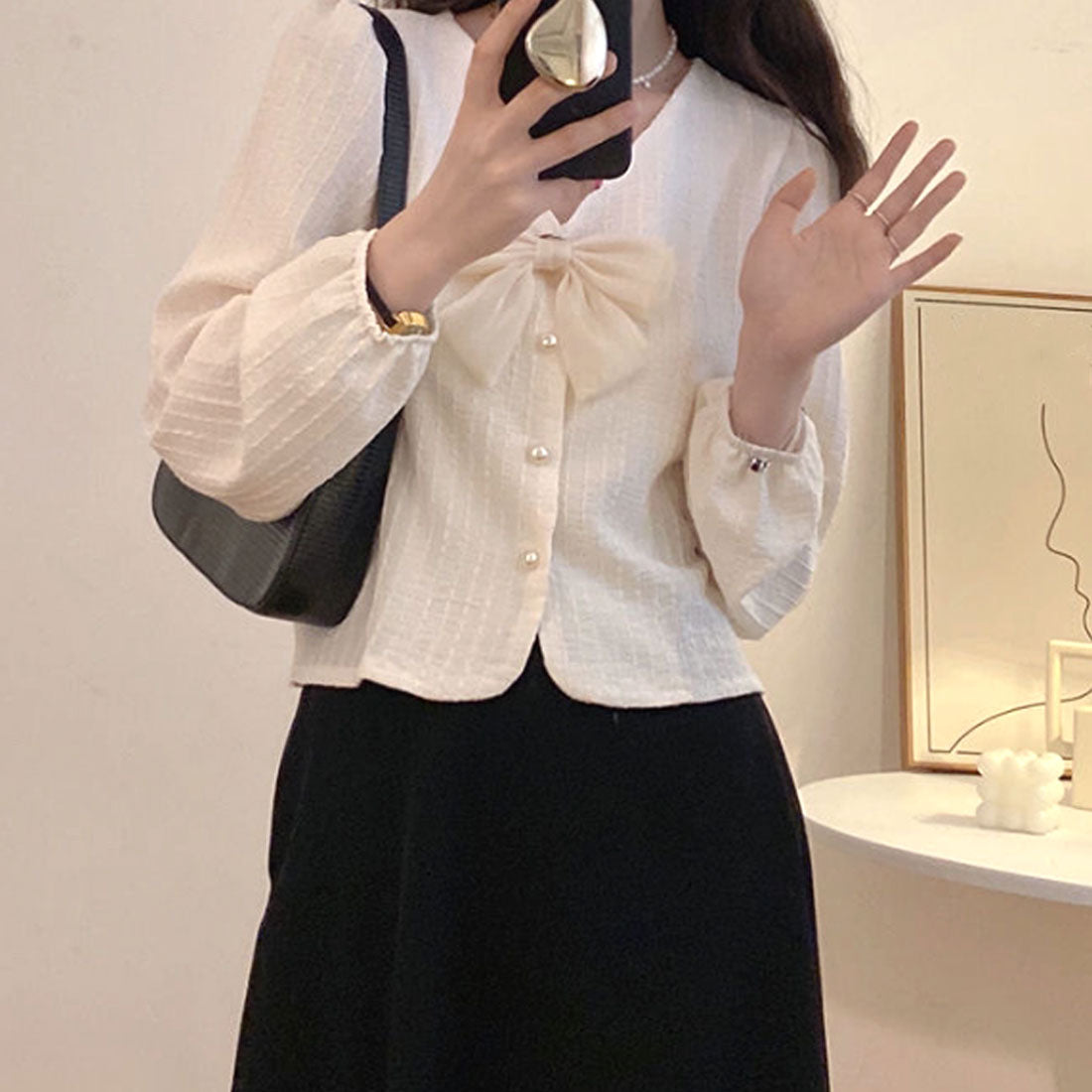 Amulet Ribbon Blouse Women's 10s 20s 30s Korean Fashion Casual Shirt Tops V-Neck Cute Long Sleeve Stylish Girly Spring