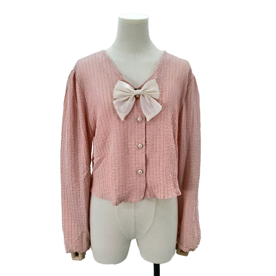 Amulet Ribbon Blouse Women's 10s 20s 30s Korean Fashion Casual Shirt Tops V-Neck Cute Long Sleeve Stylish Girly Spring
