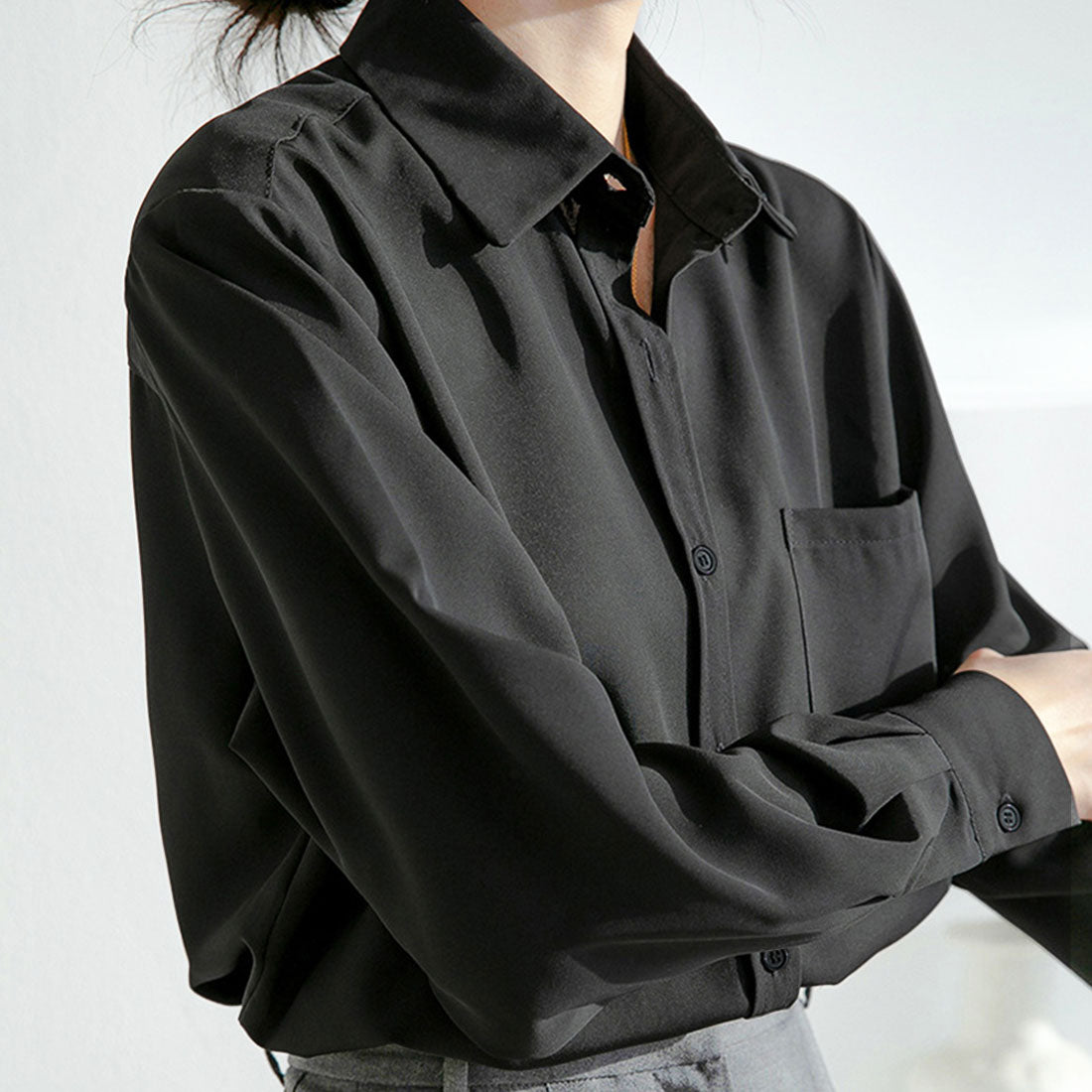 アミュレット Amulet ラウンドカラーとろみシャツ レディース 10代 20代 30代 韓国ファッション 春 秋 冬 カジュアル 長袖 シンプル おしゃれ 可愛い 白 黒