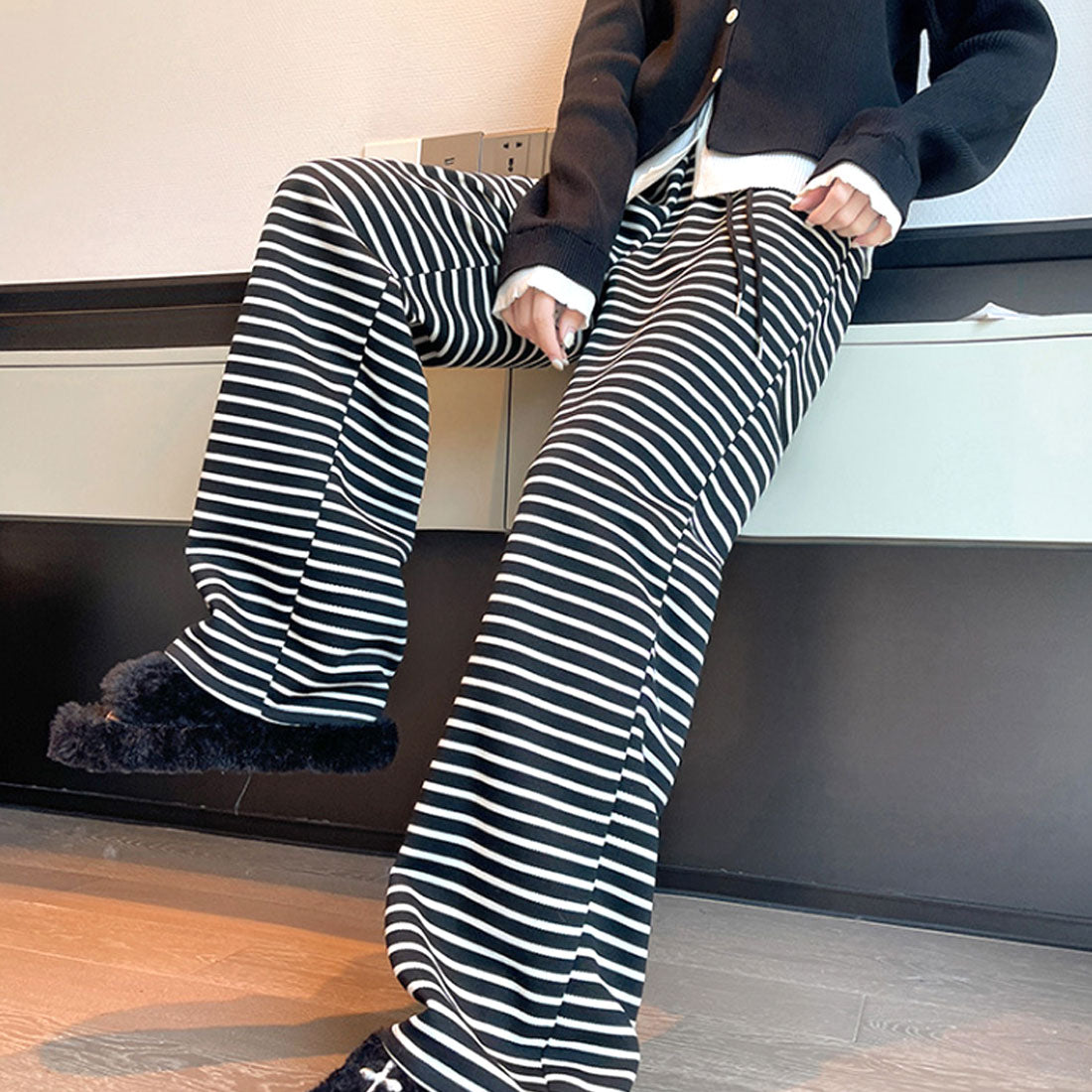 アミュレット Amulet リラクシーボーダーパンツ レディース 10代 20代 30代 韓国ファッション カジュアル 春 夏 秋 可愛い おしゃれ シンプル ズボン 黒 白