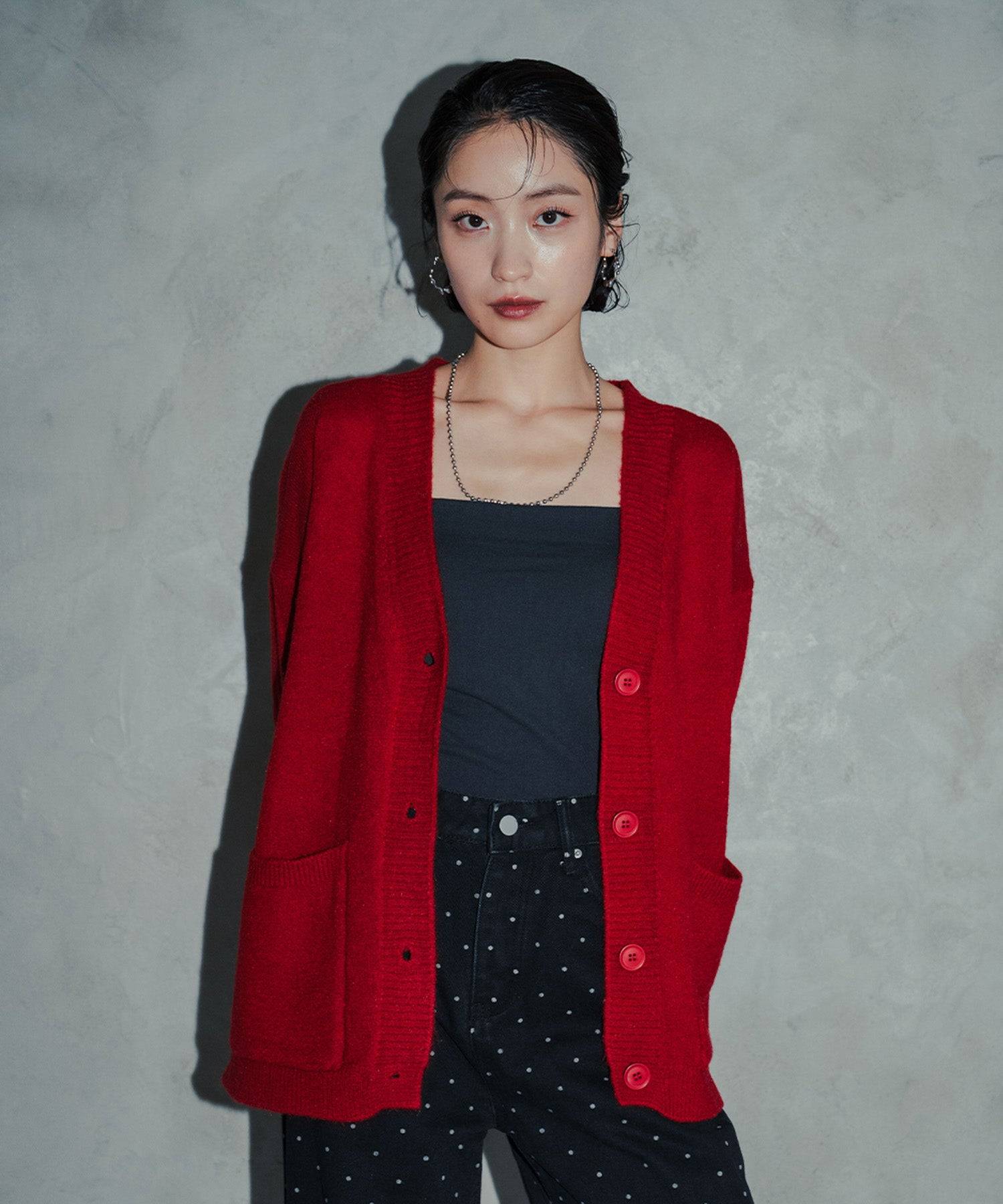 アンピルーラ Ampirula Vネックオーバーニットカーディガン （レッド） レッド