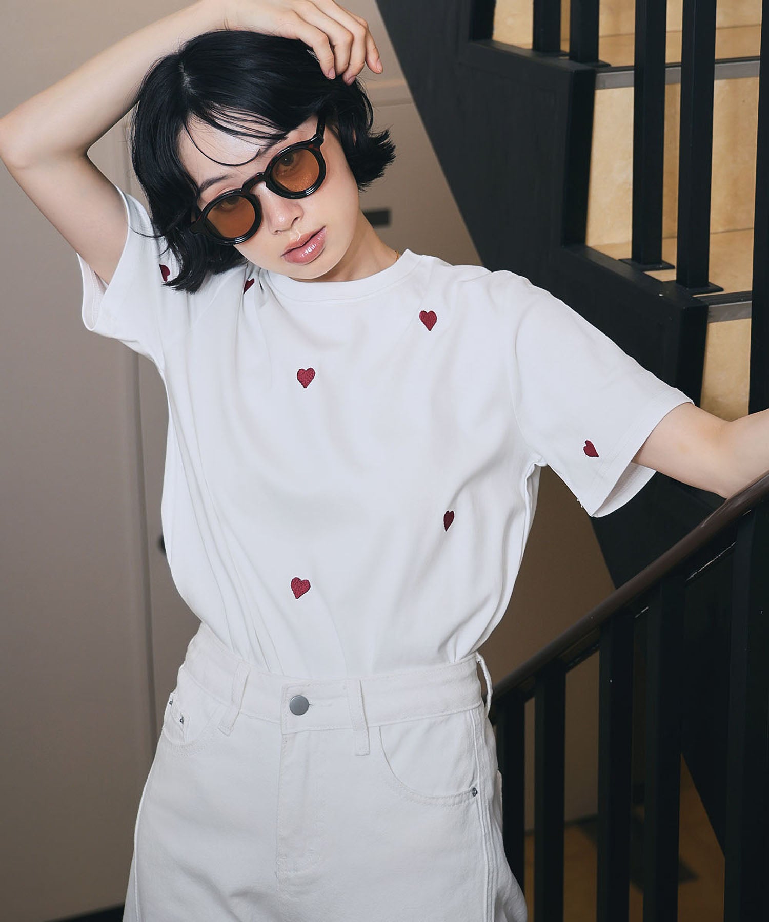 アンピルーラ Ampirula ハート刺繍Tシャツ （ホワイト） ホワイト