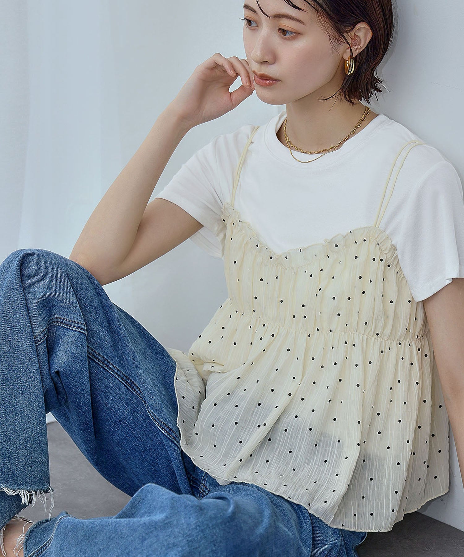 アンピルーラ Ampirula シフォンキャミセットTシャツ セット （アイボリードット） アイボリードット
