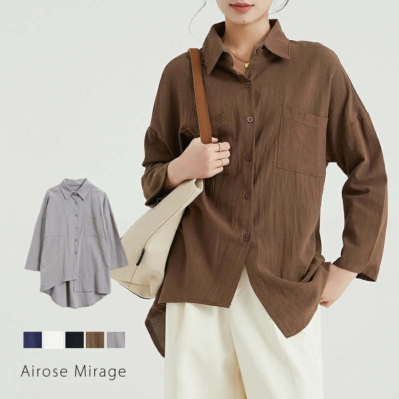 アイローズミラージュ Airose Mirage シャツブラウス トップス ブラウス 羽織り スタンドカラー ゆったり ビッグシルエット ブラウス シャツ ラウンドヘム  長袖 フォーマル オフィス ワンマイルウェア ビックシャツ 大きいサイズ （ネイビー） ネイビー