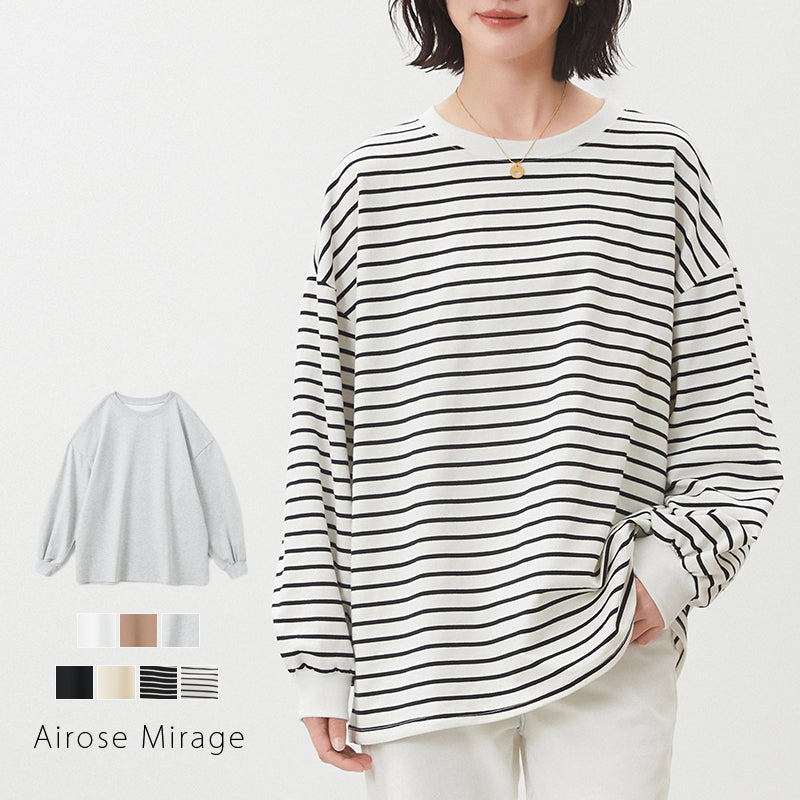 アイローズミラージュ Airose Mirage カットソー レディース トップス 長袖 ロンT 綿100％ 袖口リブ オーバーサイズ スウェットトレーナー ボーダー柄 トップス ゆったりシルエット 長袖 ぽわん袖 クルーネック 体型カバー シンプル （ホワイト） ホワイト