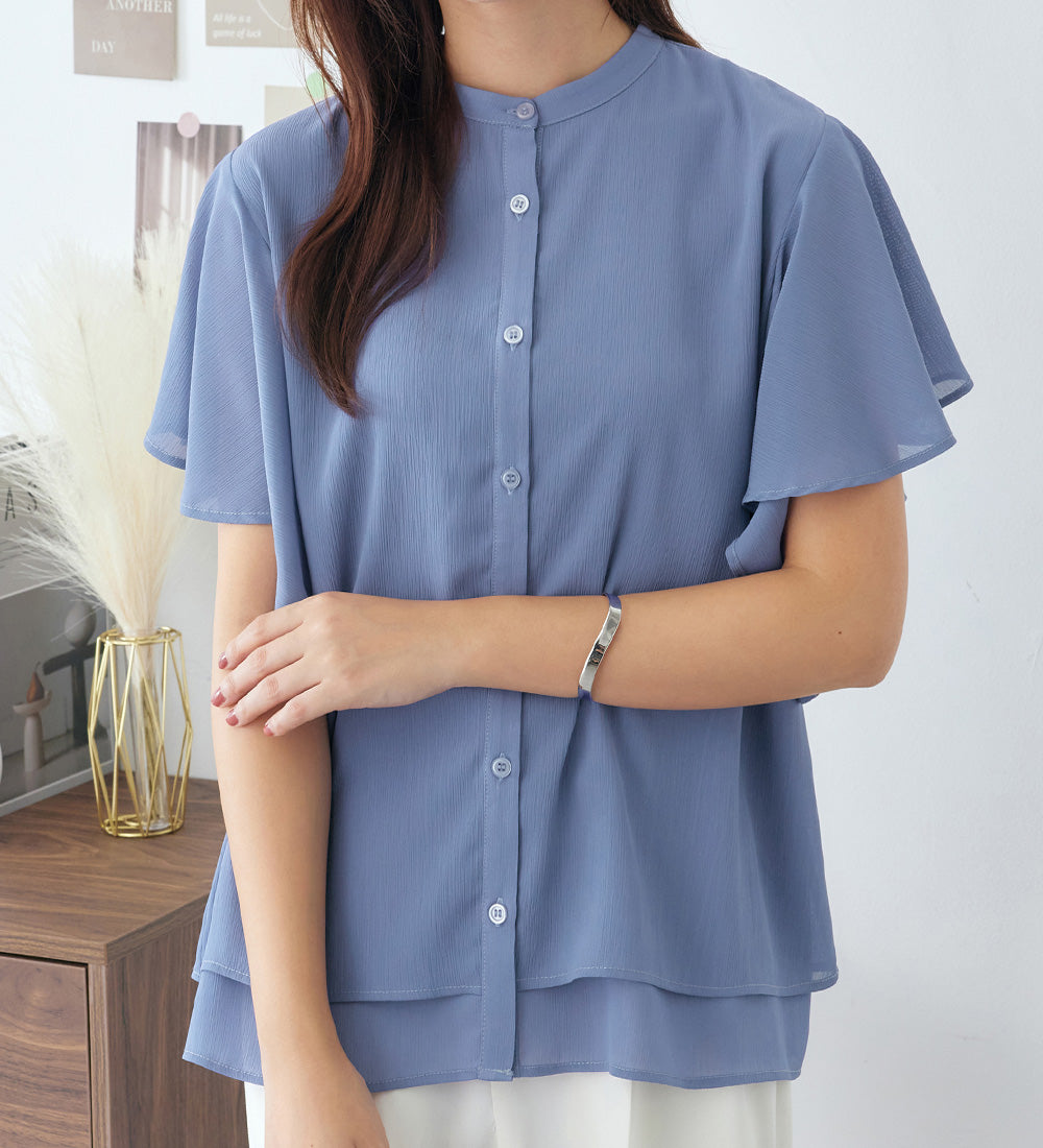 アロッタ Alotta 楊柳シフォンバンドカラーブラウス （スモーキーブルー） スモーキーブルー