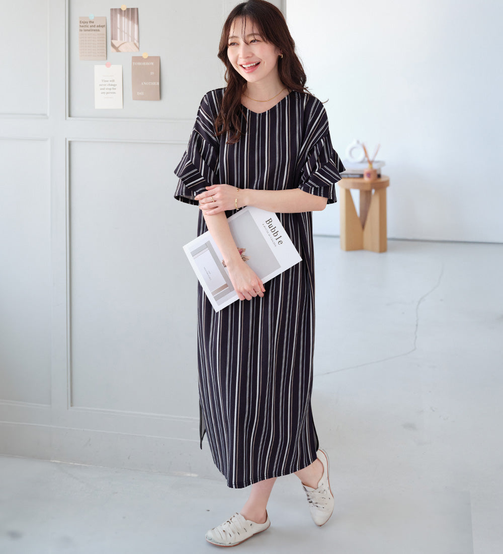 アロッタ Alotta 【4つの機能付】フリル袖Tシャツワンピース （ネイビー系ストライプ） ネイビー系ストライプ
