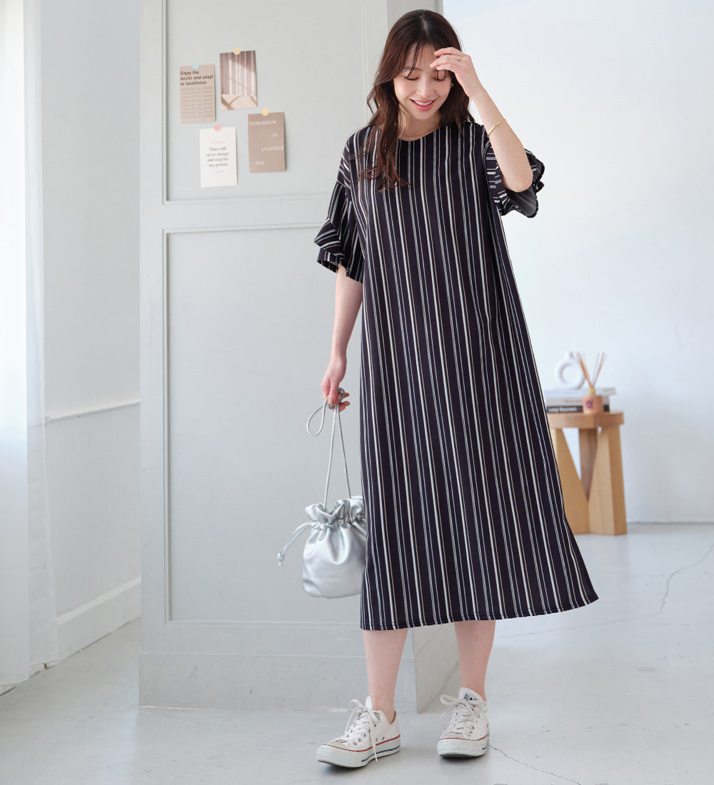 アロッタ Alotta 【4つの機能付】フリル袖Tシャツワンピース （ネイビー系ストライプ） ネイビー系ストライプ