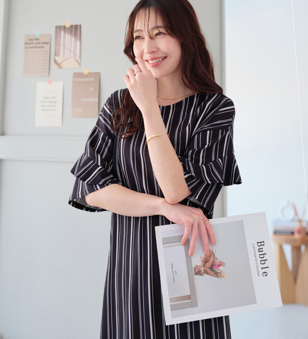 アロッタ Alotta 【4つの機能付】フリル袖Tシャツワンピース （ネイビー系ストライプ） ネイビー系ストライプ