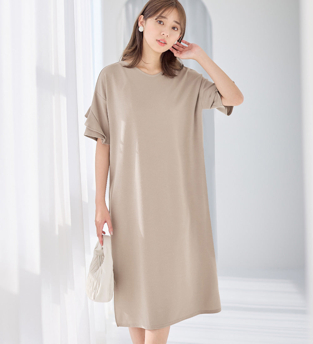 アロッタ Alotta 【4つの機能付】フリル袖Tシャツワンピース （グレージュ） グレージュ