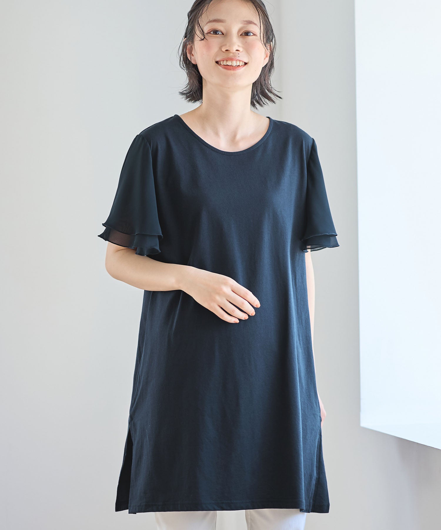 【５つの機能付】袖シフォンゆるチュニック,ネイビー