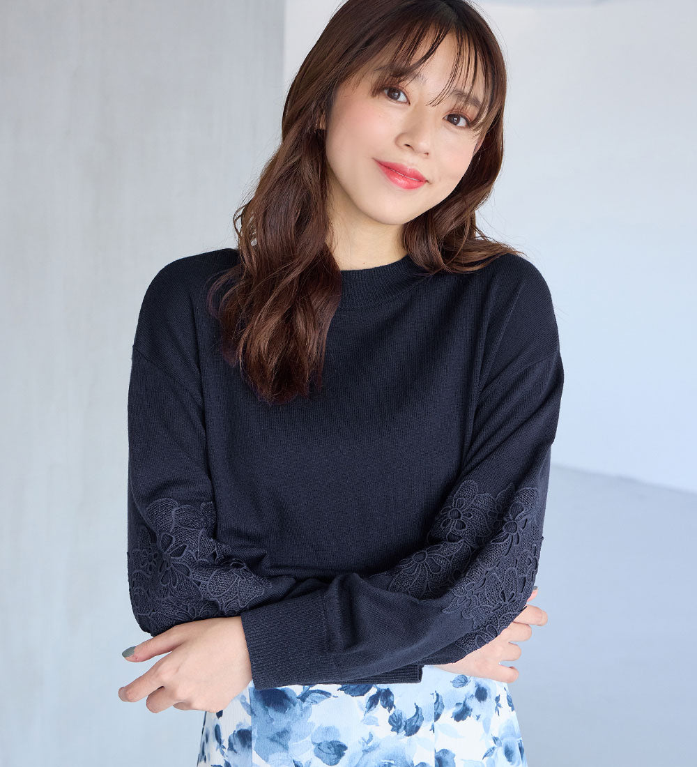 アロッタ Alotta 洗える！カシミヤタッチふんわり袖レースニット,ネイビー