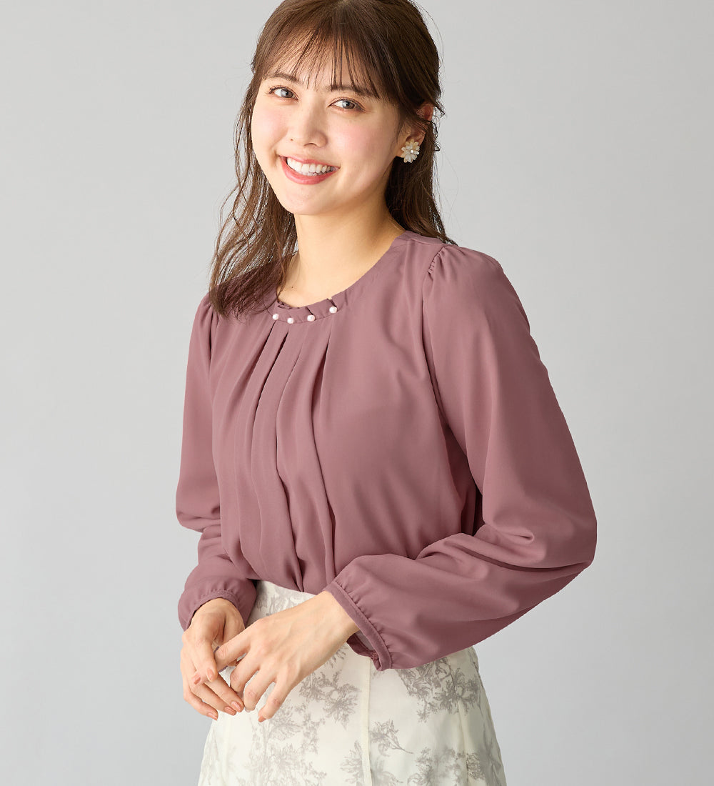 アロッタ Alotta あったか裏地付ネックパールブラウス,ダークピンク