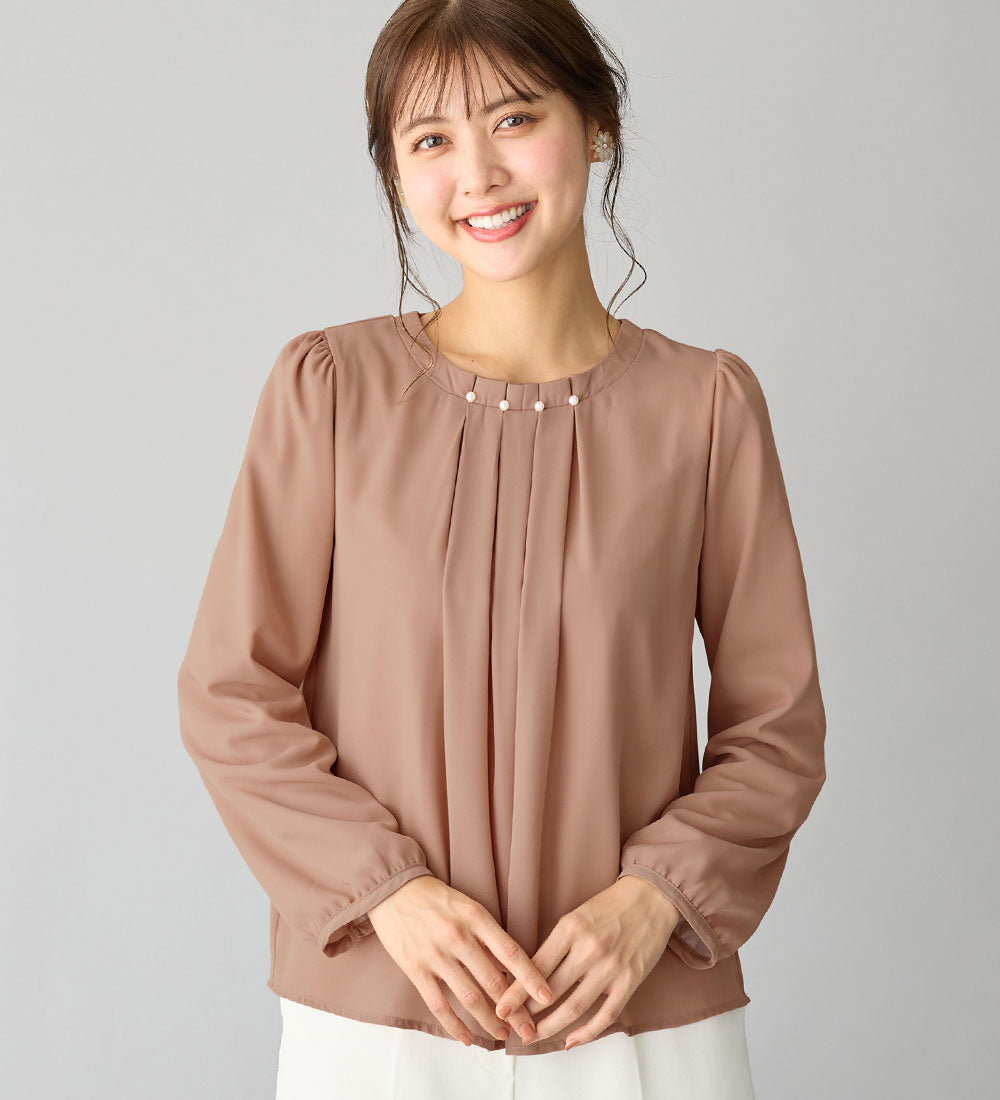 アロッタ Alotta あったか裏地付ネックパールブラウス,オレンジベージュ