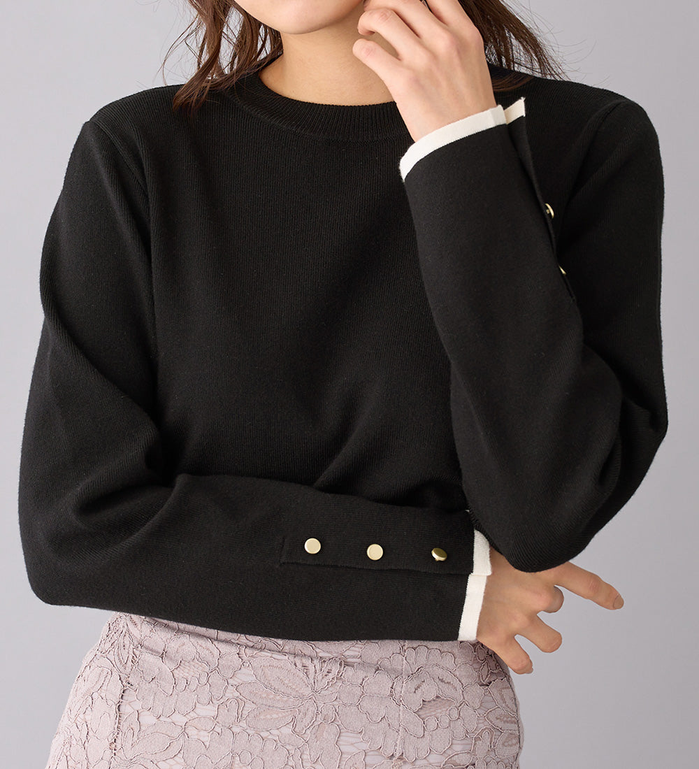 アロッタ Alotta 洗える！もっちりタッチバイカラー袖金ボタンニット （ブラック） ブラック