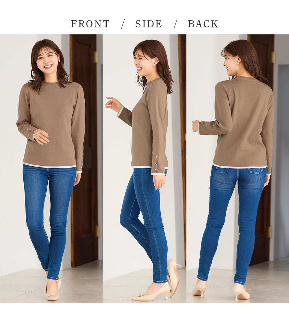 アロッタ Alotta 洗える！もっちりタッチバイカラー袖金ボタンニット （ブラック） ブラック