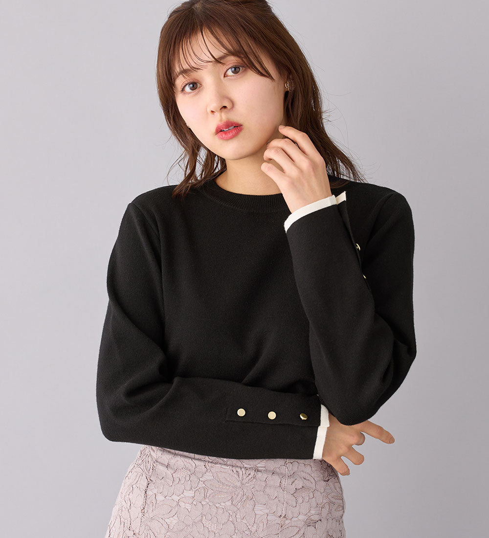 アロッタ Alotta 洗える！もっちりタッチバイカラー袖金ボタンニット （ブラック） ブラック