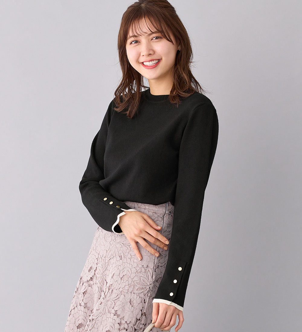 アロッタ Alotta 洗える！もっちりタッチバイカラー袖金ボタンニット （ブラック） ブラック