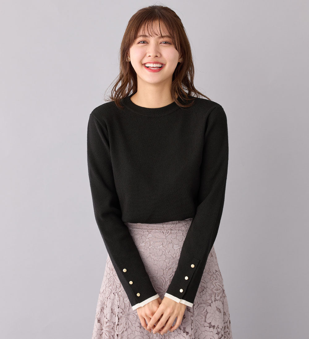 アロッタ Alotta 洗える！もっちりタッチバイカラー袖金ボタンニット （ブラック） ブラック