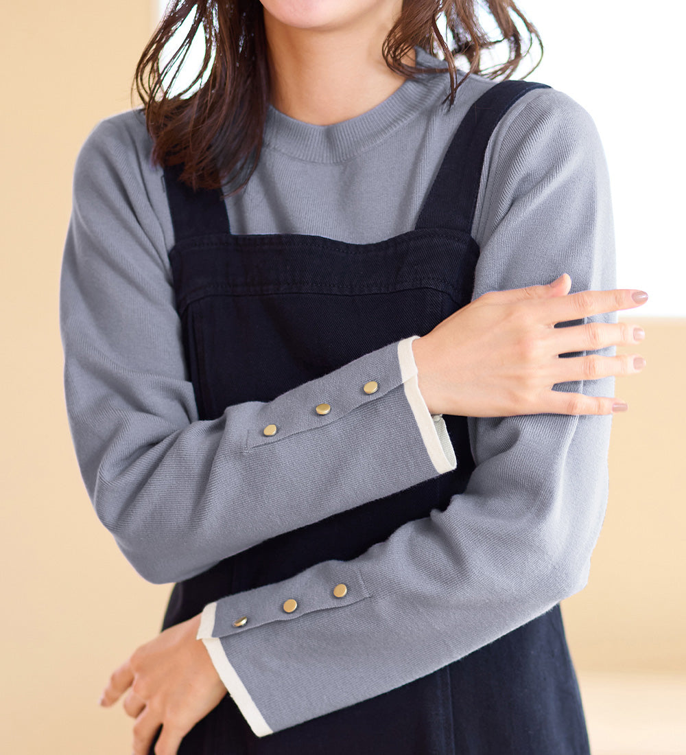 アロッタ Alotta 洗える！もっちりタッチバイカラー袖金ボタンニット （ライトブルー） ライトブルー