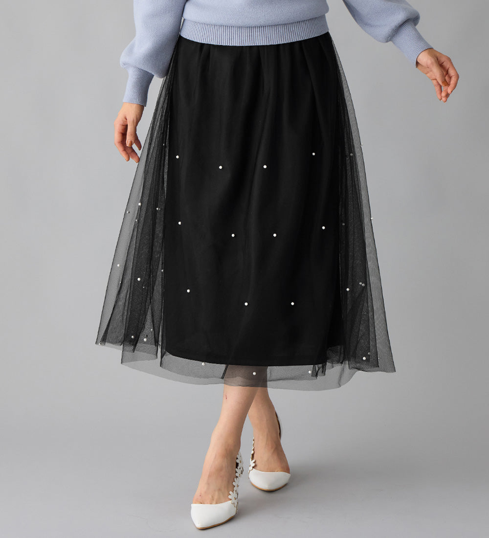 アロッタ Alotta 上品パール付きチュールスカート,ブラック