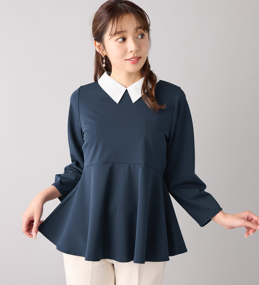 アロッタ Alotta 【嬉しい3つの機能付】ストレッチ素材衿付ペプラムチュニック （ネイビー） ネイビー