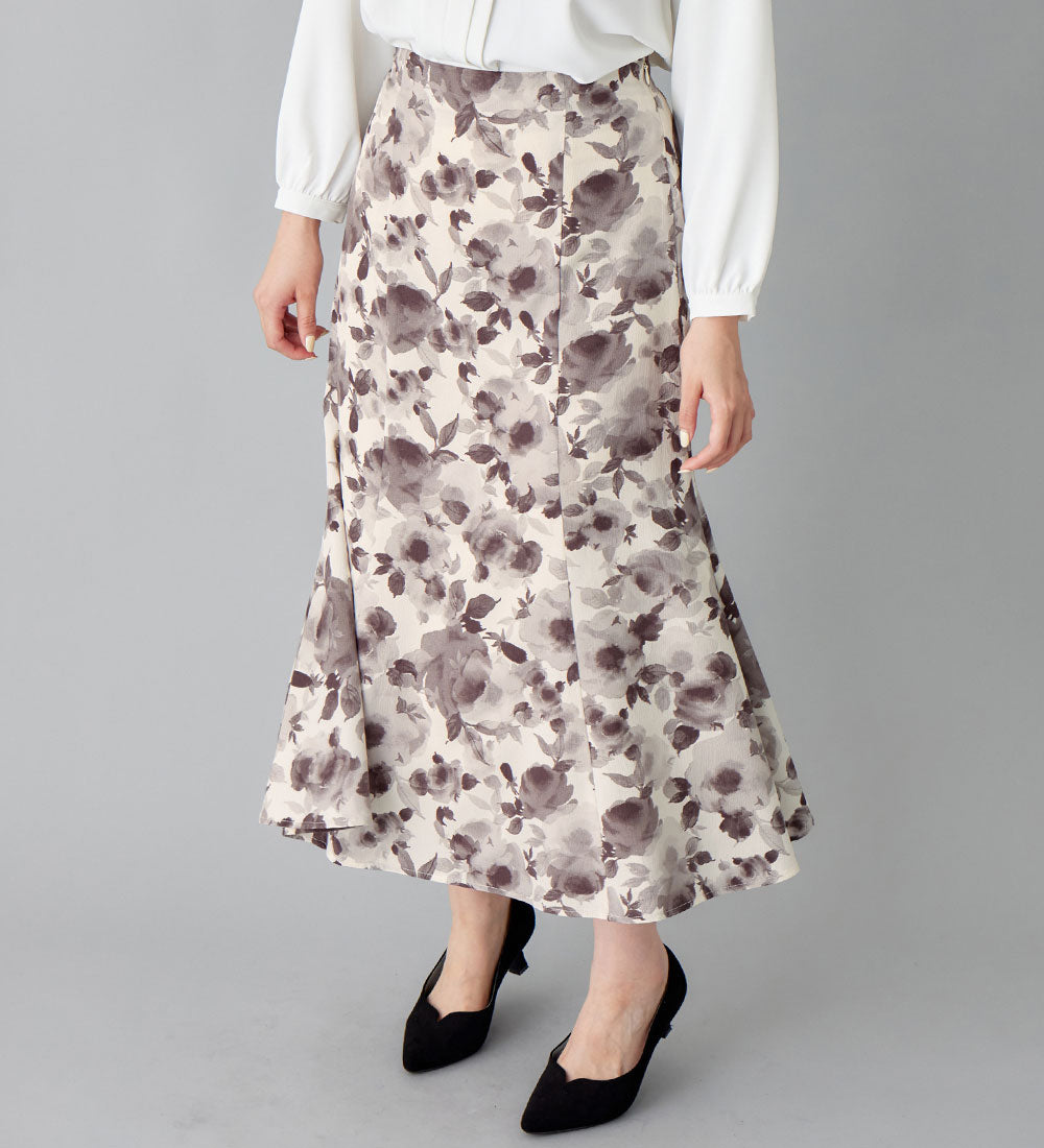 アロッタ Alotta あったか裏地付花柄マーメイドスカート,ブラック系花柄