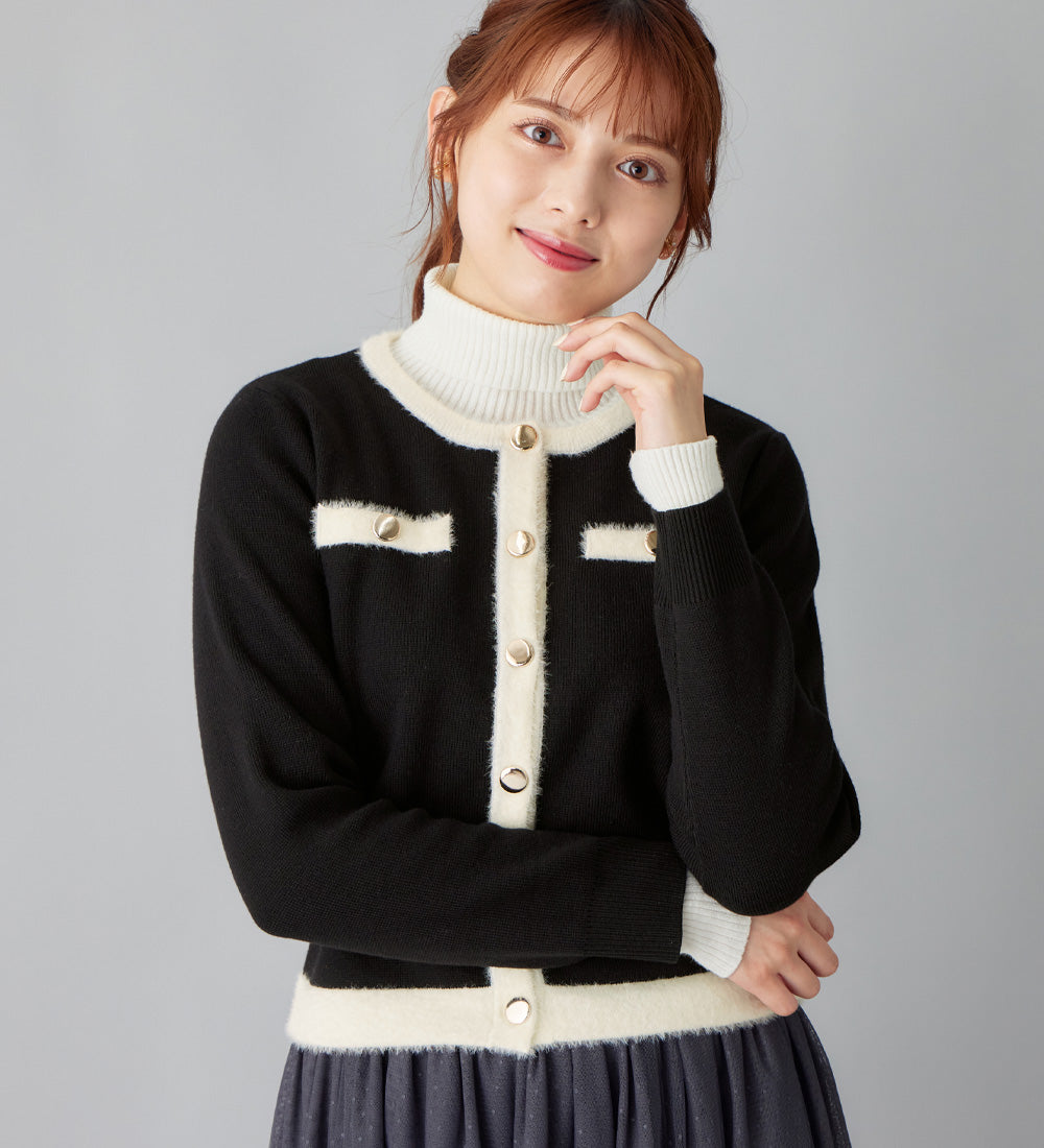 アロッタ Alotta 洗える！もっちりタッチフェザー配色ショート丈ニットカーデ （ブラック） ブラック