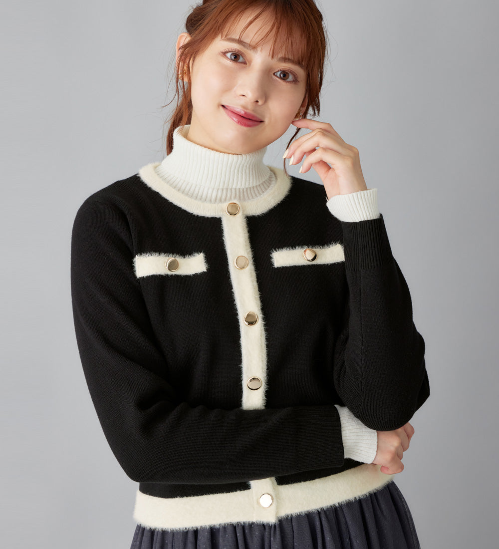 アロッタ Alotta 洗える！もっちりタッチフェザー配色ショート丈ニットカーデ （ブラック） ブラック