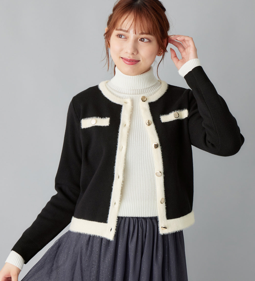 アロッタ Alotta 洗える！もっちりタッチフェザー配色ショート丈ニットカーデ （ブラック） ブラック