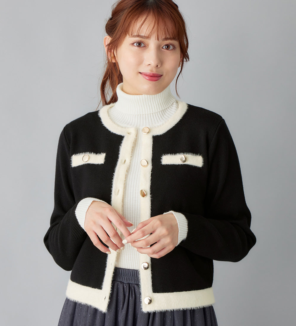 アロッタ Alotta 洗える！もっちりタッチフェザー配色ショート丈ニットカーデ （ブラック） ブラック