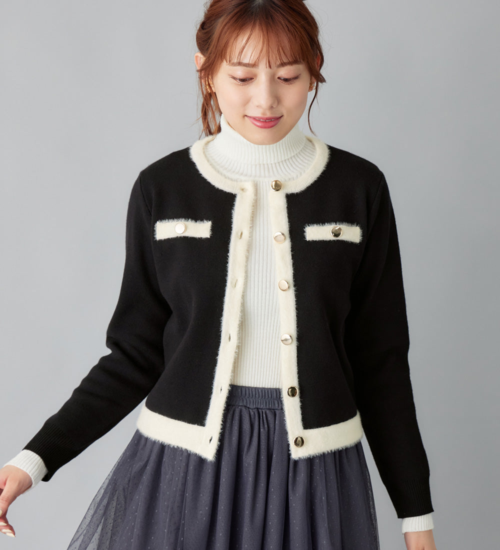 アロッタ Alotta 洗える！もっちりタッチフェザー配色ショート丈ニットカーデ （ブラック） ブラック