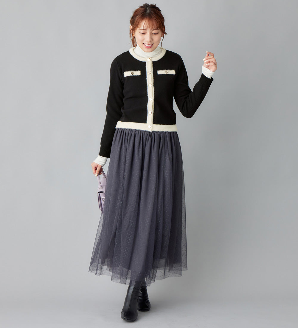 アロッタ Alotta 洗える！もっちりタッチフェザー配色ショート丈ニットカーデ （ブラック） ブラック