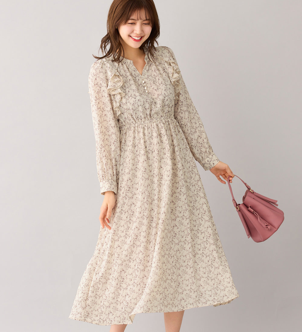 アロッタ Alotta フリルデザインプリントワンピース （ベージュ系） ベージュ系