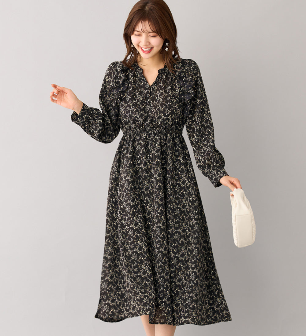 アロッタ Alotta フリルデザインプリントワンピース,ブラック系