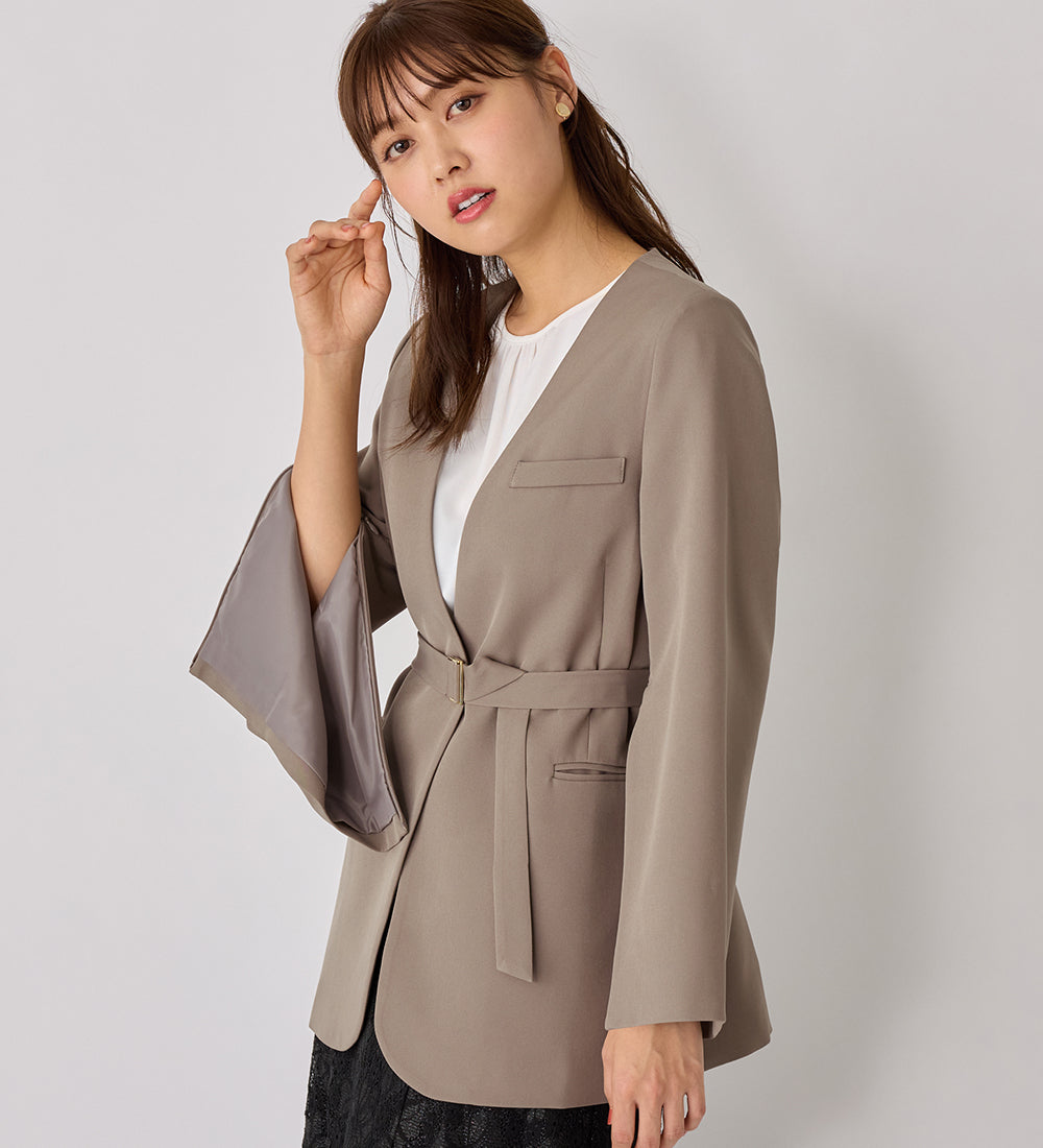 袖ファスナー付ノーカラージャケット モカ